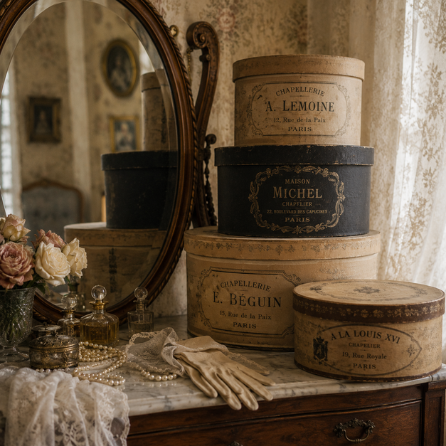 Sur une coiffeuse, une commode ou une étagère — la boîte à chapeau apporte une touche boudoir immédiate